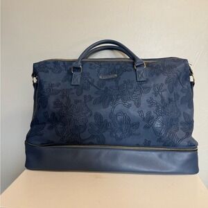 Ellen Tracy Faux Leather Tulled Navy Blue Zip Bottom Large Overnight Duffle Bag